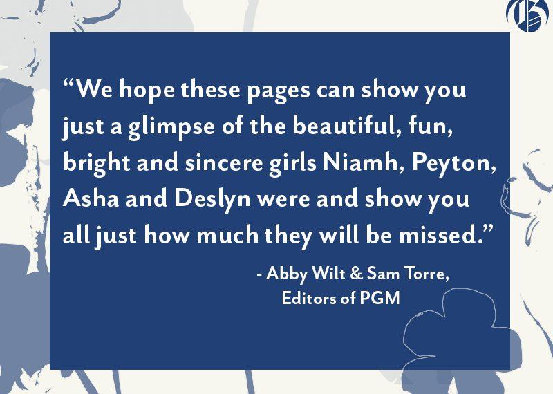 Letter from the Editors: Honoring Niamh, Peyton, Asha and Deslyn