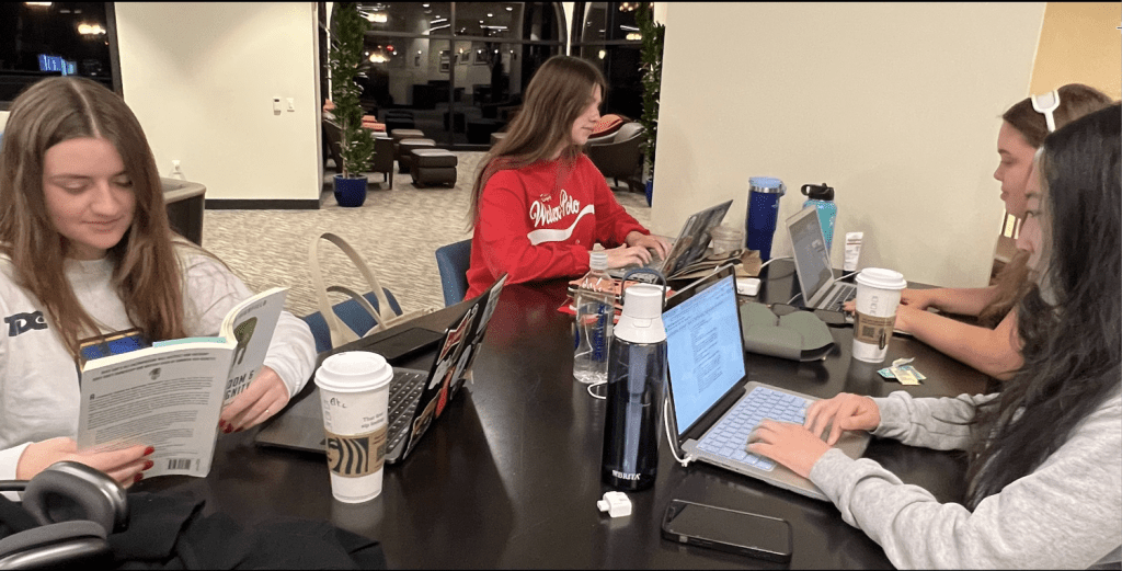 Pepperdine students study for finals in Payson Library on April 16, 2023. It was midnight., and they were still hard at work. Photo by Ava Heinert