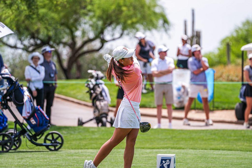Wong takes a swing at Grayhawk Golf Club in Arizona for the NCAA Championships on May 18. Her performance at the event earned her a spot on the WGCA Freshman of the Year Watchlist.