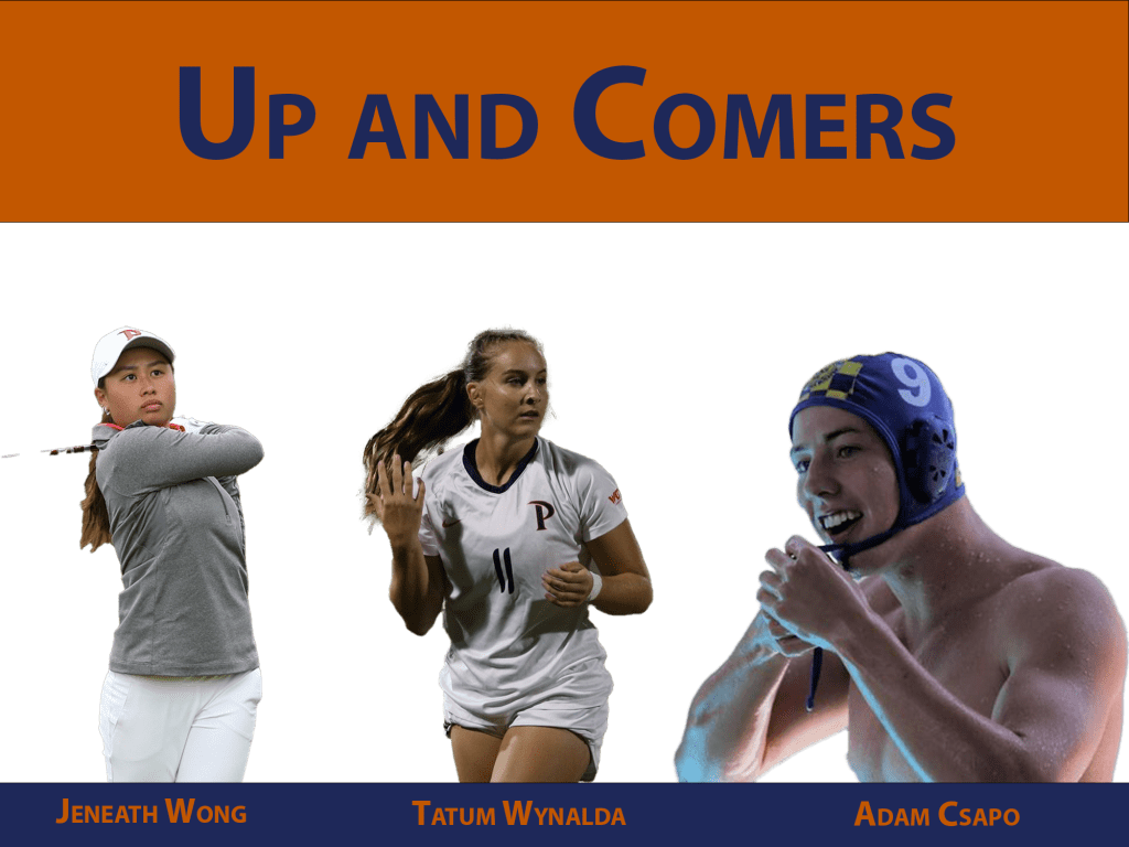 Jeneath Wong, sophomore Women&squot;s Golf player (left); Tatum Wynalda, sophomore Women&squot;s Soccer midfielder and forward (right); and Adam Csapo, sophomore Men&squot;s Water Polo attacker (right), are the highlighted "Up and Comers" for the fall 23&squot; athletic semester. Each of these athletes ended their freshmen campaigns on high notes and look to continue their early success entering their sophomore seasons. Graphic by Justin Rodriguez