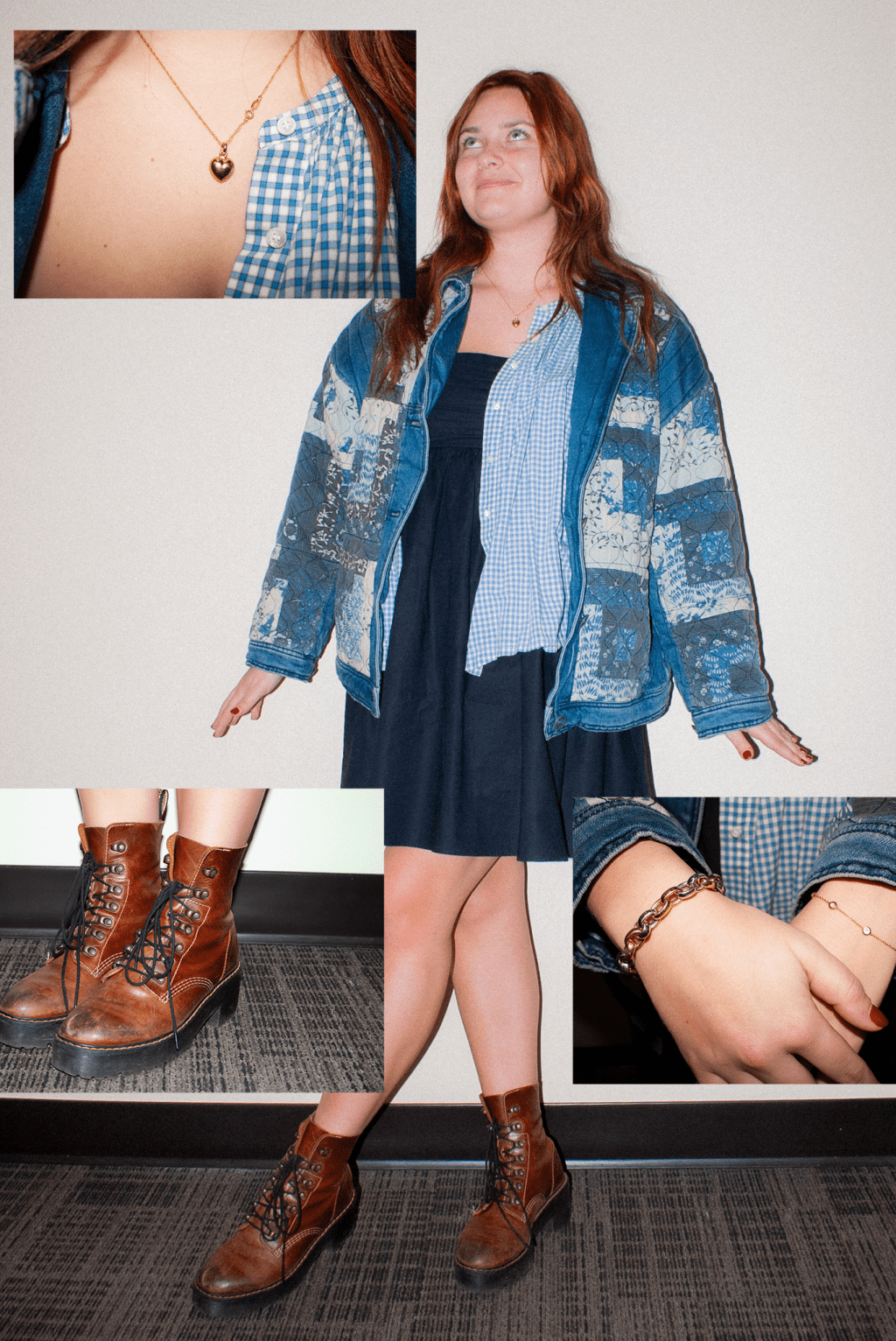 Junior Aoife Klopcic sports a denim patchwork jacket and brown Dr. Marten's in the Center for Communication and Business on Jan. 12. Klopcic said her favorite part of her outfit is her jewelry because it was her grandmother's.