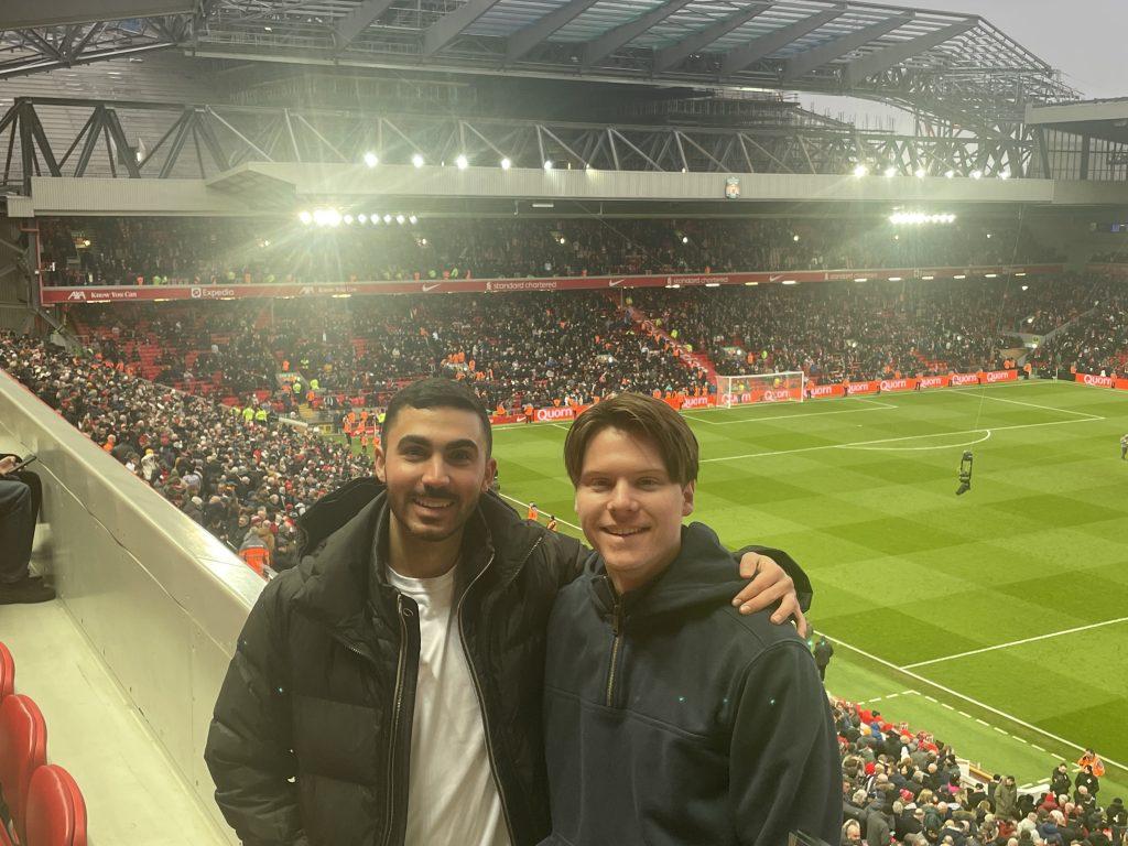 Junior Charlie Spare (right) visited a London football match with Junior Leo Krumian (left) while he was abroad in February 2023. Spare said it was a fun experience to watch "Ted Lasso" while experiencing life in London. Photo courtesy of Charlie Spare