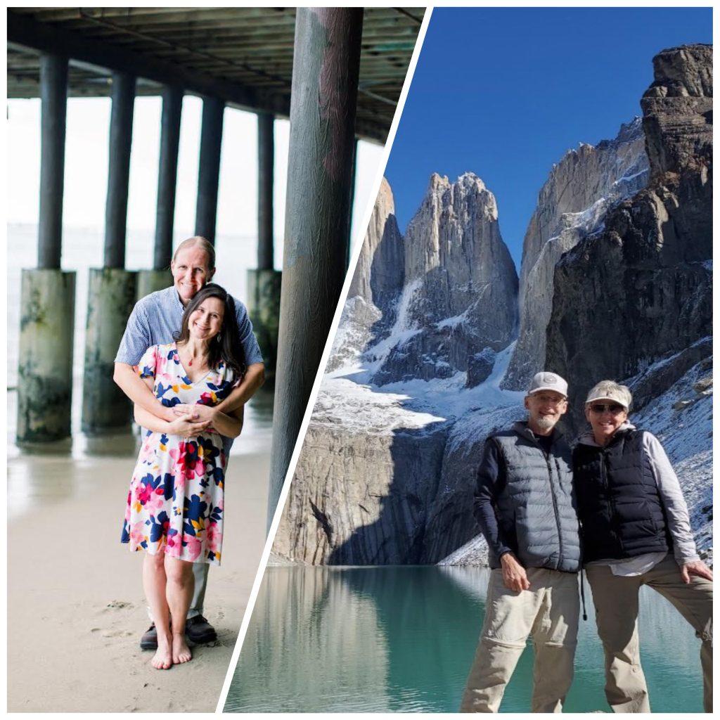 Timothy Lucas and Krista Lucas pose together at Malibu Pier in October 2020 (Left); Robin Perrin and Cindy Miller-Perrin hike at Torres del Pine with the Buenos Aires International Program in 2022 (Right). Krista Lucas said the photo was part of a professional family photography session; Cindy Miller-Perrin said her husband and she enjoy traveling together. Photos courtesy of Krista Lucas and Cindy Miller-Perrin. Collage by Faith Oh