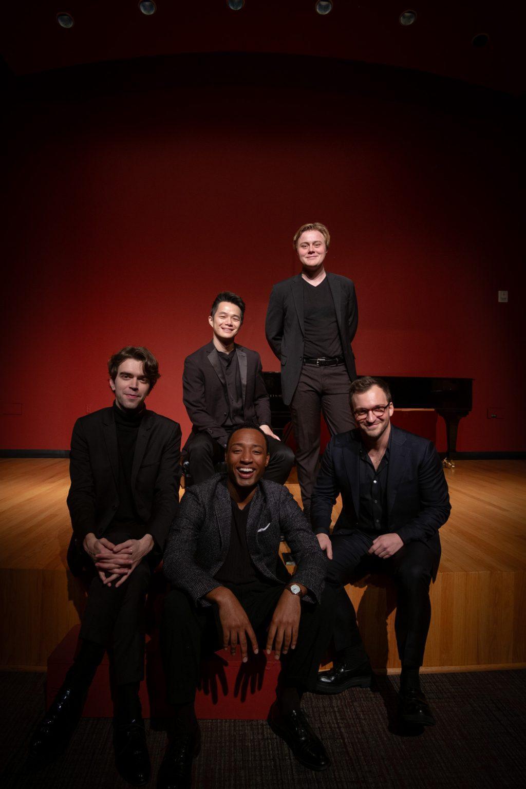 From left: Albert Cano-Smit, Joseph Parrish, Daniel McGrew, Lun Li and Jonathan Swenson gather in Raitt Recital Hall for a portrait after the show Jan. 21. The artists are acclaimed classical musicians in their respective instruments. Photos by Millie Auchard