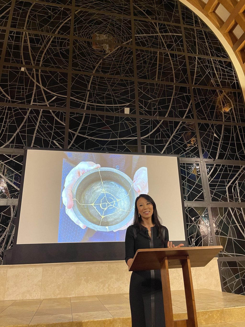 Haejin Shim Fujimura talks about Kintsugi art at Stauffer Chapel on Jan. 18. She discussed how the art guides her work at Embers International. Photo Courtesy of Andrea Gyorody
