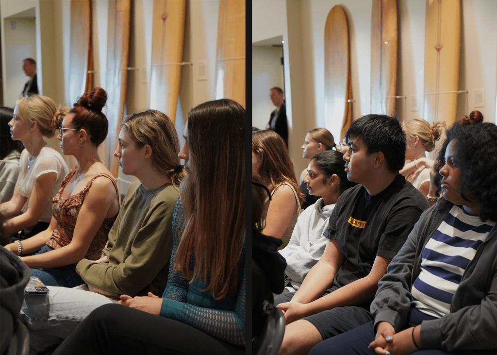 Audience members sit and listen, enthralled by Hogan and Bonnici's poems, in the Surfboard Room of Payson Library on Jan. 30. Students, faculty and other members of the Pepperdine community attended the event. Collage by Madison Luc