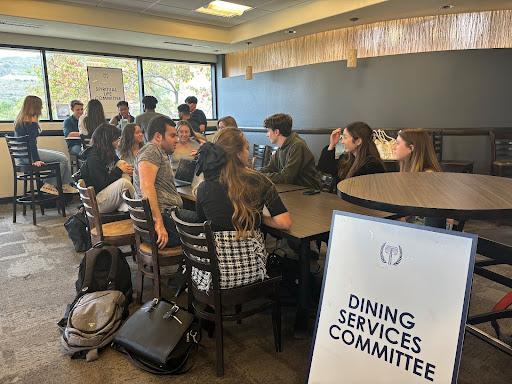 Chair of Dining Services Ellie Scoggins presides over the inaugural SGA Dining Services Committee meeting held Jan. 24, in the Howard A. White Center. The other eight committee members shared their opinions on Pepperdine’s dining services. Photos by Emma Martinez