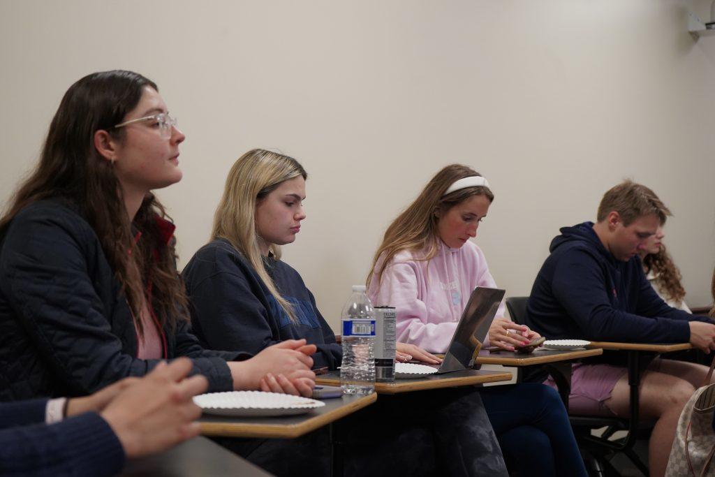 Students who attended Beyond the Bubble on Feb. 15, gather in the Black Family Plaza Classrooms. They asked questions regarding conversion and friendships with people of different faith backgrounds.