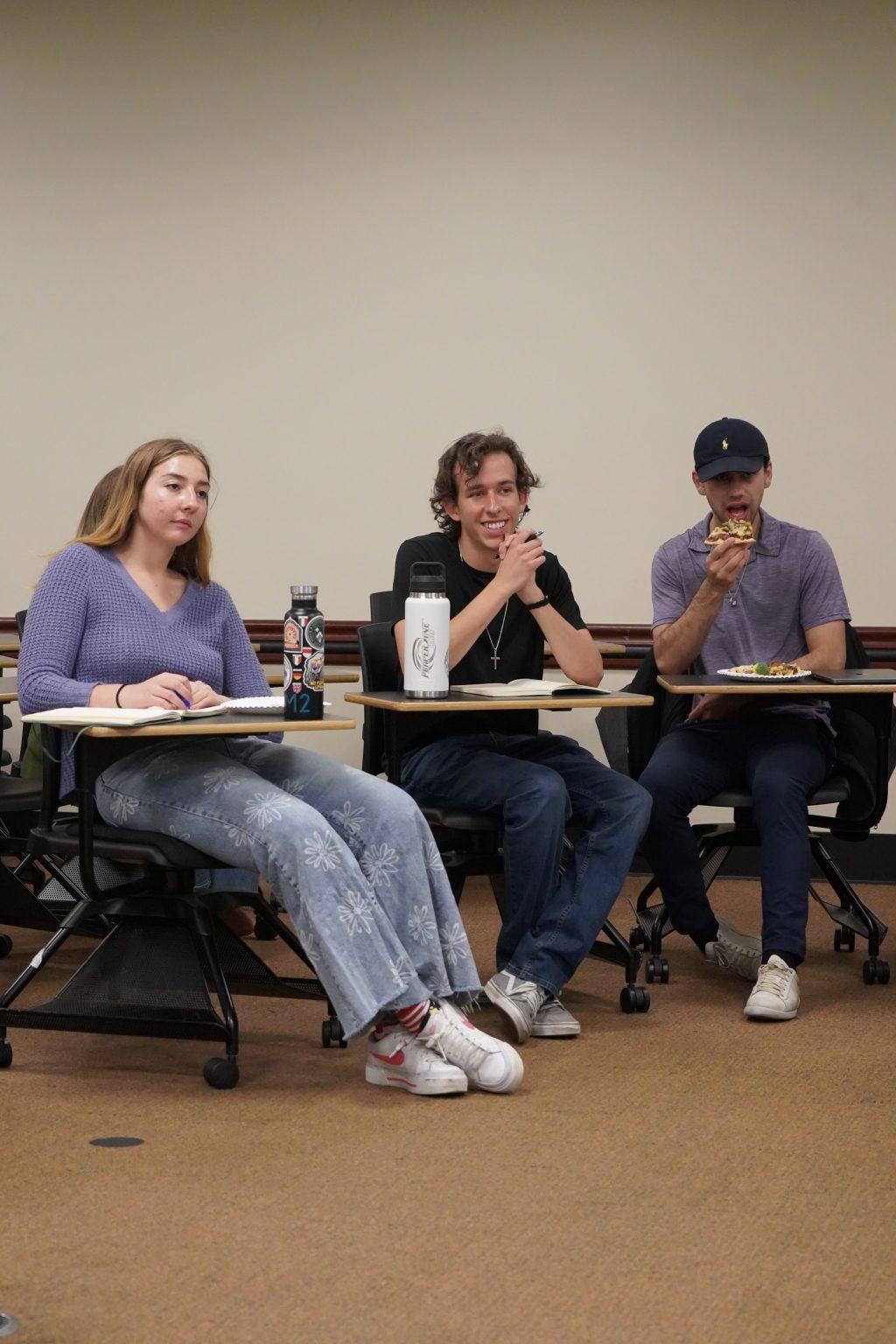 Micaela Shackleford, Colin Wiese and James LaRue (pictured left to right) organize Beyond the Bubble event. Beyond the Bubble is a newer interfaith initiative that held its first meeting Feb. 15, in the Black Family Plaza Classrooms.