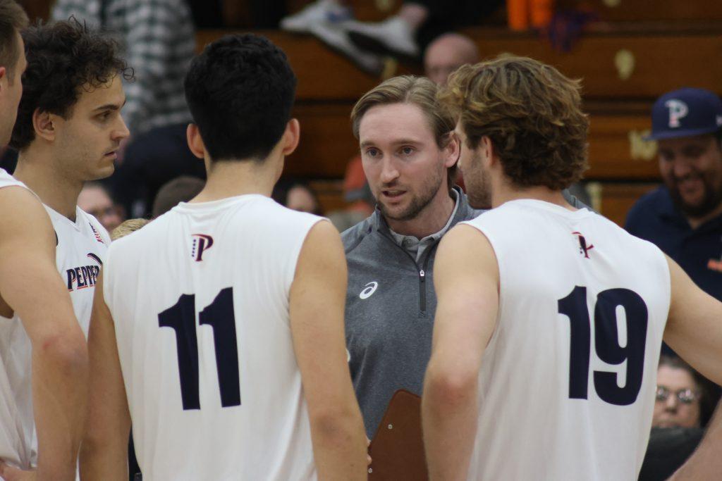 Pepperdine meets during a timeout to go over strategies for the game March 15, at Firestone Fieldhouse. Pepperdine went down 0-1 in the first set but was able to come back and win 3-1. Photos by Liam Zieg