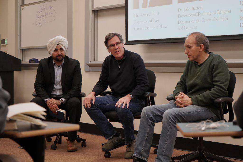 Close friends and fellow faculty members (pictured from left to right) Sukhsimranjit Singh, John Barton and Ahmed Taha spoke at the first meeting of Beyond the Bubble on Feb. 15, in the Black Family Plaza Classrooms. The panel discussed interfaith friendships and answered students' questions. Photos by Liam Zieg