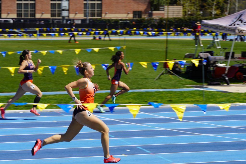 Parsio sprints down the track during a 400-meter race at UCLA on March 25, 2023. Between March 11, and April 20, Parsio competed in five 400-meter races; four of them were top-six finishes.