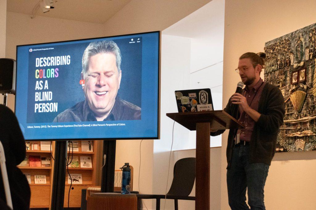 Duffy discusses the importance of captioning and accessibility at the Weisman Museum on March 11. The event was held from 4 to 5:30 p.m., on Monday, March 11. Photo by Perse Klopp