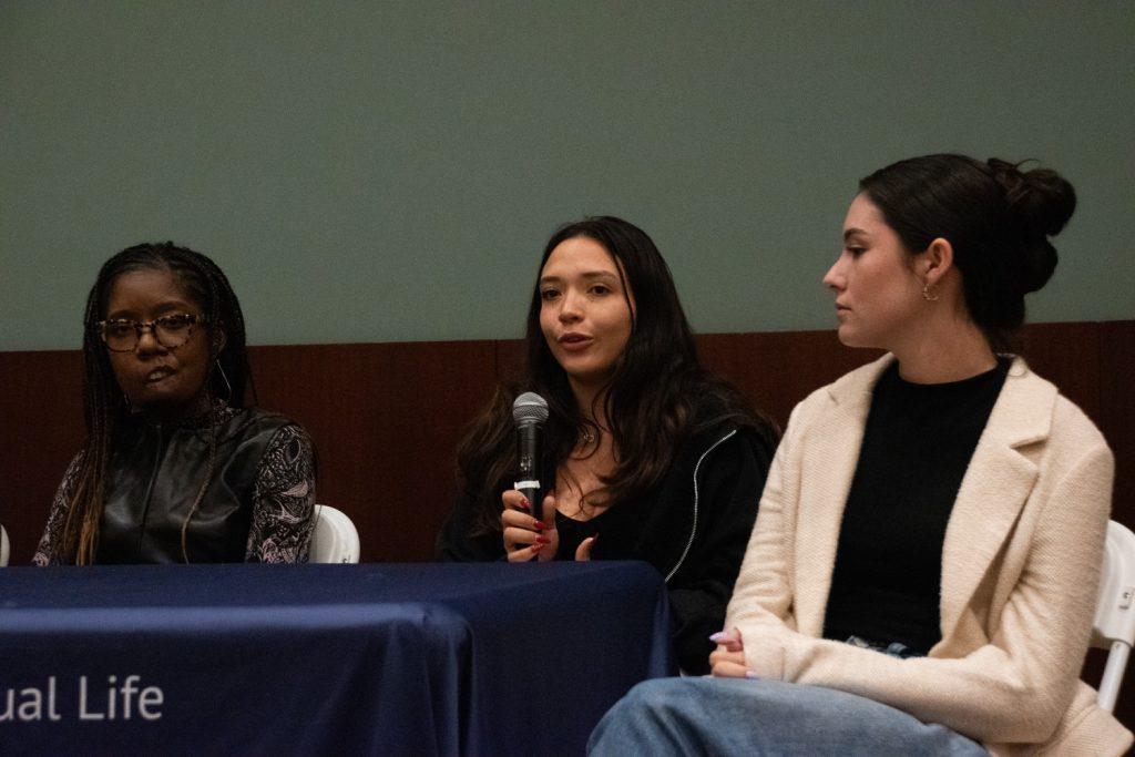 (From left to right) Jaz Gray, Senior Maria Arguelles and Beadle speak after the showing of the movie "Crip Camp" on March 12 Elkins Auditorium. Earlier in the day, there was an Accommodation and Accessibility in the Workplace learning event from noon to 2 p.m. Photo by Perse Klopp