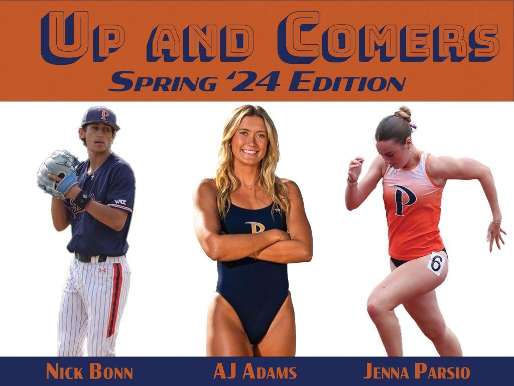 Nick Bonn, sophomore baseball pitcher (left); AJ Adams, sophomore Women’s Swim and Dive backstroke and individual medley swimmer (middle); and Jenna Parsio, sophomore Women&squot;s Track and Field sprinter (right), are the highlighted “up and comers" for the spring &squot;24 athletic semester. This batch of athletes said they are striving hard to leave behind a name for themselves, break more records and potentially leave behind a dynasty. Graphic by Justin Rodriguez
