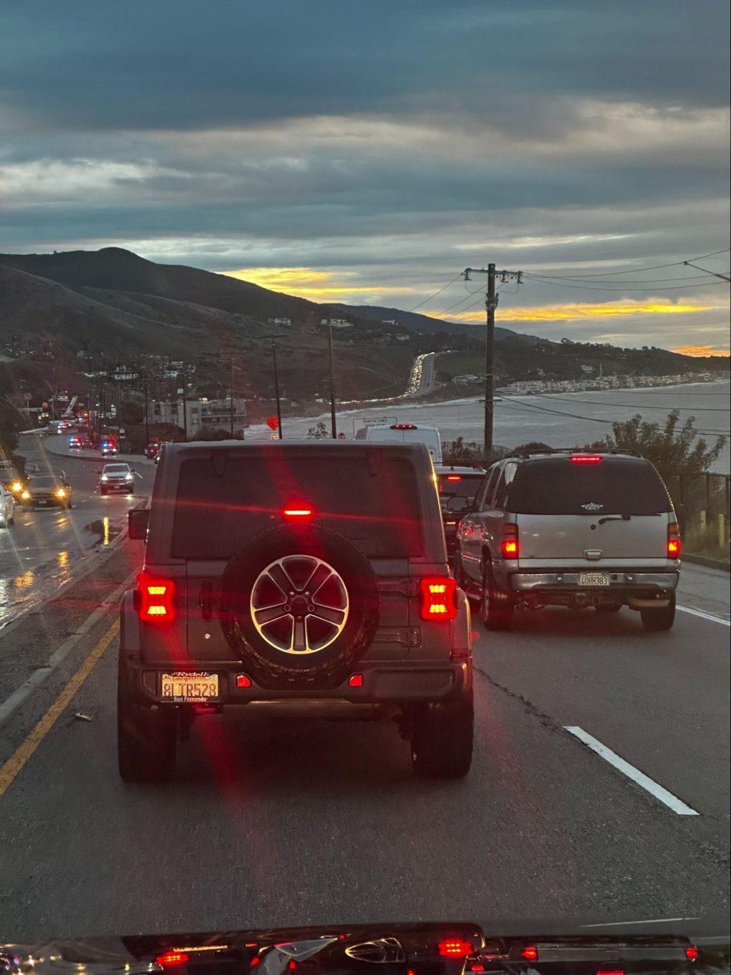 Cars wait to turn around on PCH as road closures cause detours and increased traffic in the morning of Feb. 21. Gerard Fasel was on his way to Pepperdine when road closures caused him to return home to Ventura. Photo courtesy of Gerard Fasel