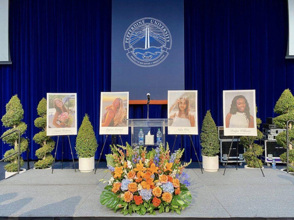 Pepperdine honors the memory of Niamh Rolston, Peyton Stewart, Asha Weir and Deslyn Williams on Oct. 22, at Firestone Fieldhouse. Family, faculty and students gathered to memorialize the four women. Photo by Rachel Flynn