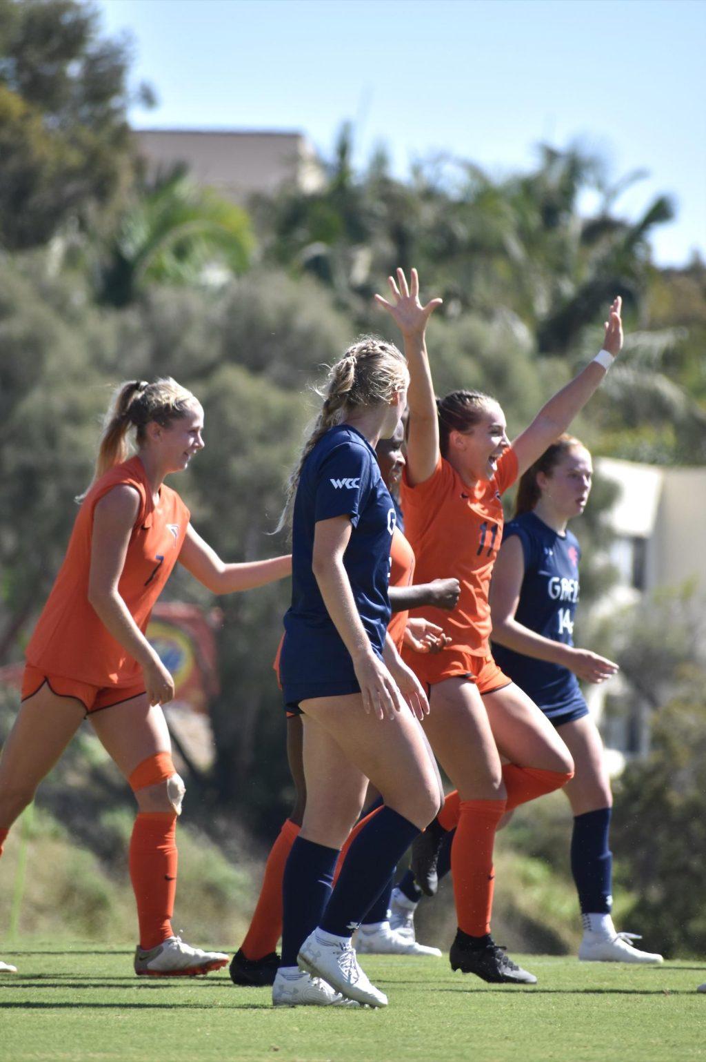 Tatum Wynalda celebrates after her goal against Saint Mary’s on Oct. 7, at Tari Frahm Rokus Field. The sophomore put the Waves up 2-0 in the first half. Photo by Mary Elisabeth