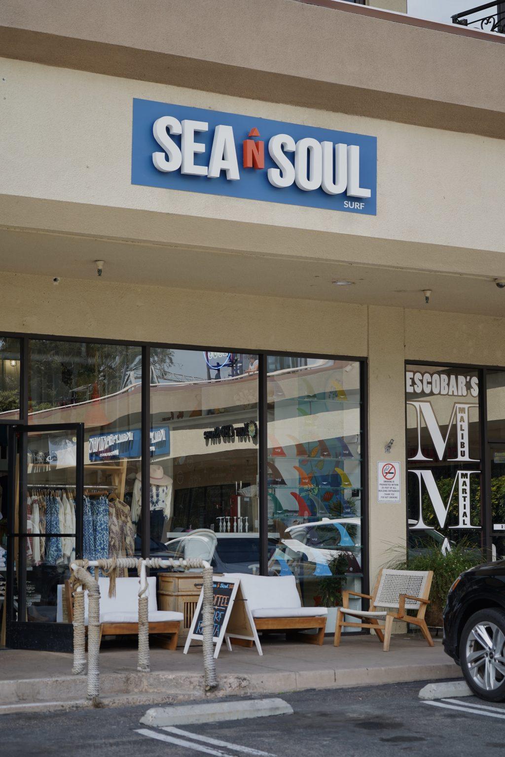 Sea n Soul, a surf and coffee shop, serves coffee, sells clothing and surfboards and rents surf equipment in Malibu on March 17. Joey Graziadei and his date, Jenn Tran, rented two boards and two wetsuits from the shop in the third episode. Photo by Liam Zieg