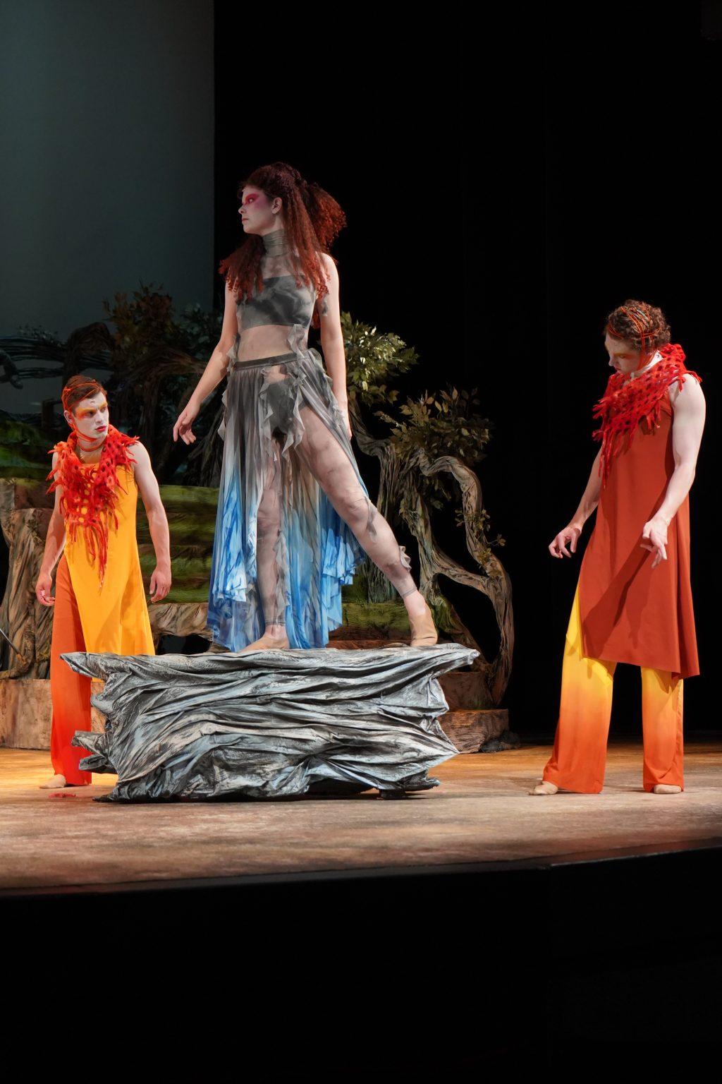 Bryant (center) leads the other spirits as Ariel on April 1, in Smothers Theatre. Ariel is an elemental spirit that acts human, Bryant said.