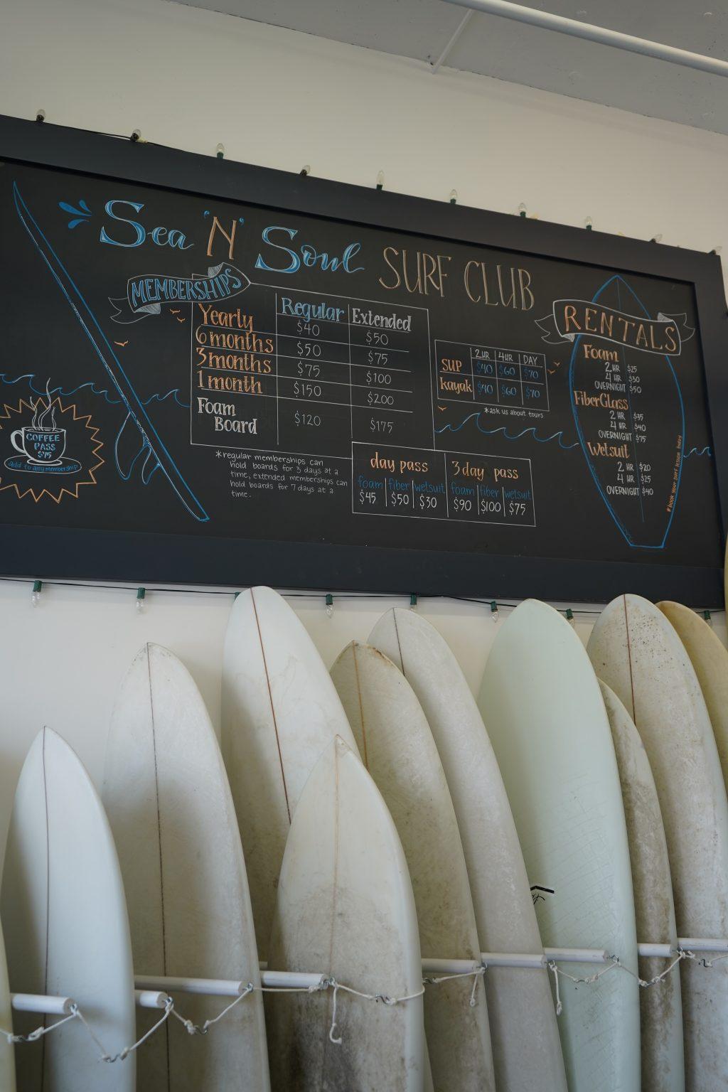 Half of Sea n Soul features wetsuits and surfboards that are available for rent March 17, while the other half holds merchandise for sale and the coffee bar. Liakos said the producers picked out specific wetsuits and boards that would be aesthetically pleasing on camera. Photo by Liam Zieg
