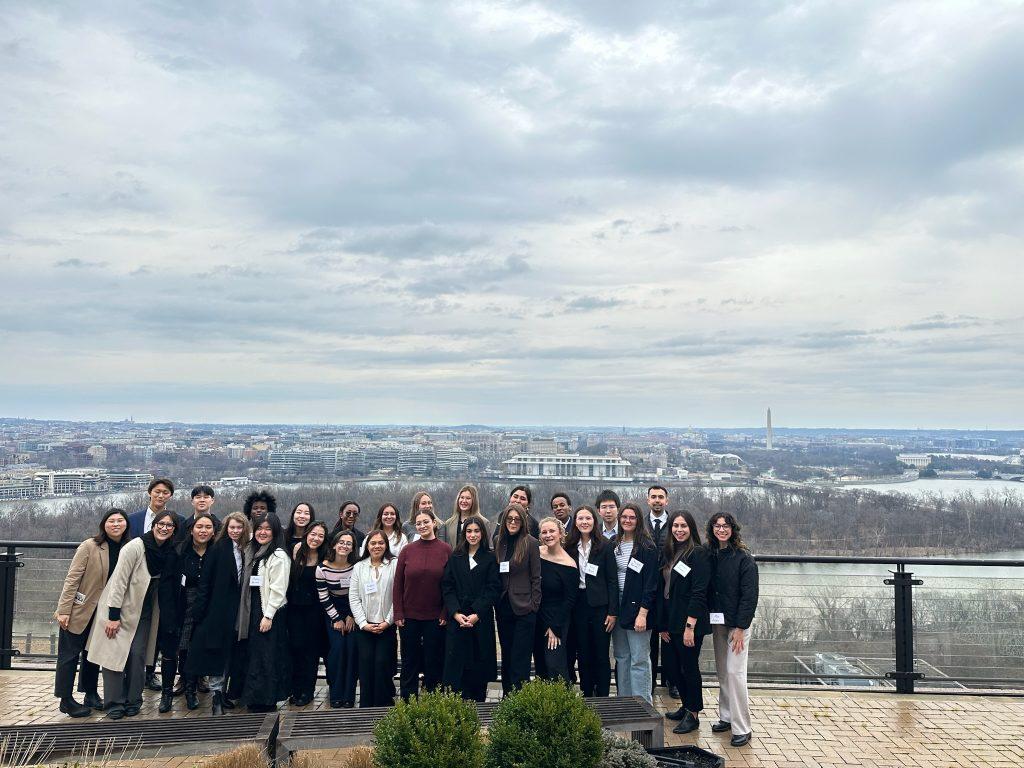 The 2024 Career Trek student group, along with Career Center staff, pose for a group photo at Yext on Feb. 28. Yext was the first company the students visited where they listened to a panel of four current Yext employees. Photo courtesy of Maile Y. Hetherington