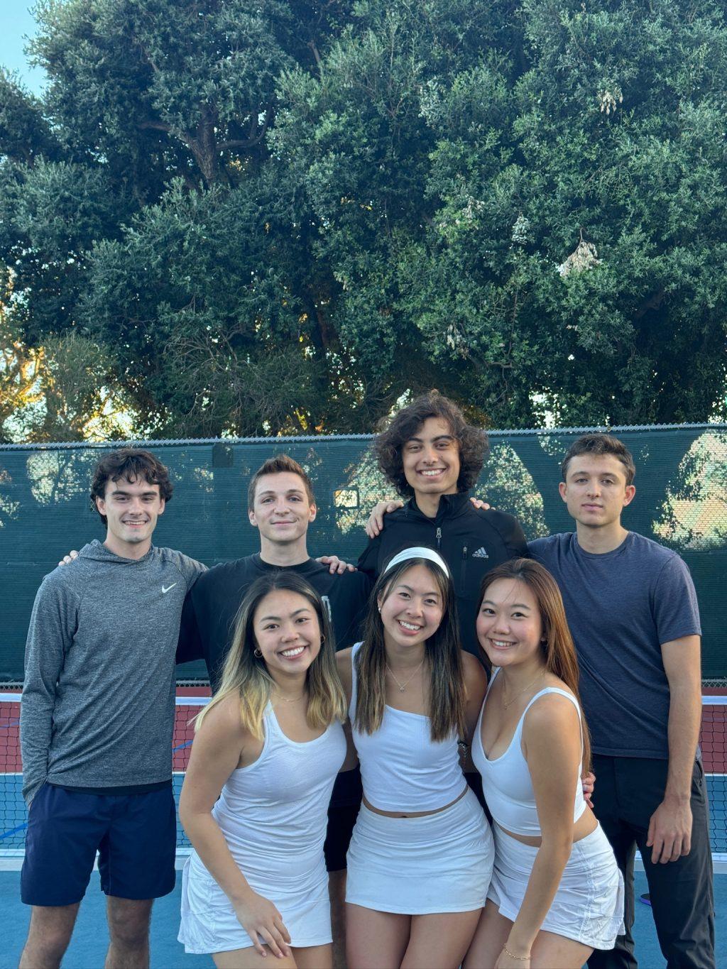 Pepp Pickle's executive board, (from left to right, top to bottom) Anthony Massaro, Joseph Bowman, Lucas Lorimer, Jack Bracci, Emily Luong, Katelyn Hsu, and Jean Chae, poses for a picture at Lower Alumni Courts on Feb. 9. They are in charge of ensuring fun for pickleball players, according to their Instagram. Photo courtesy of Katelyn Hsu