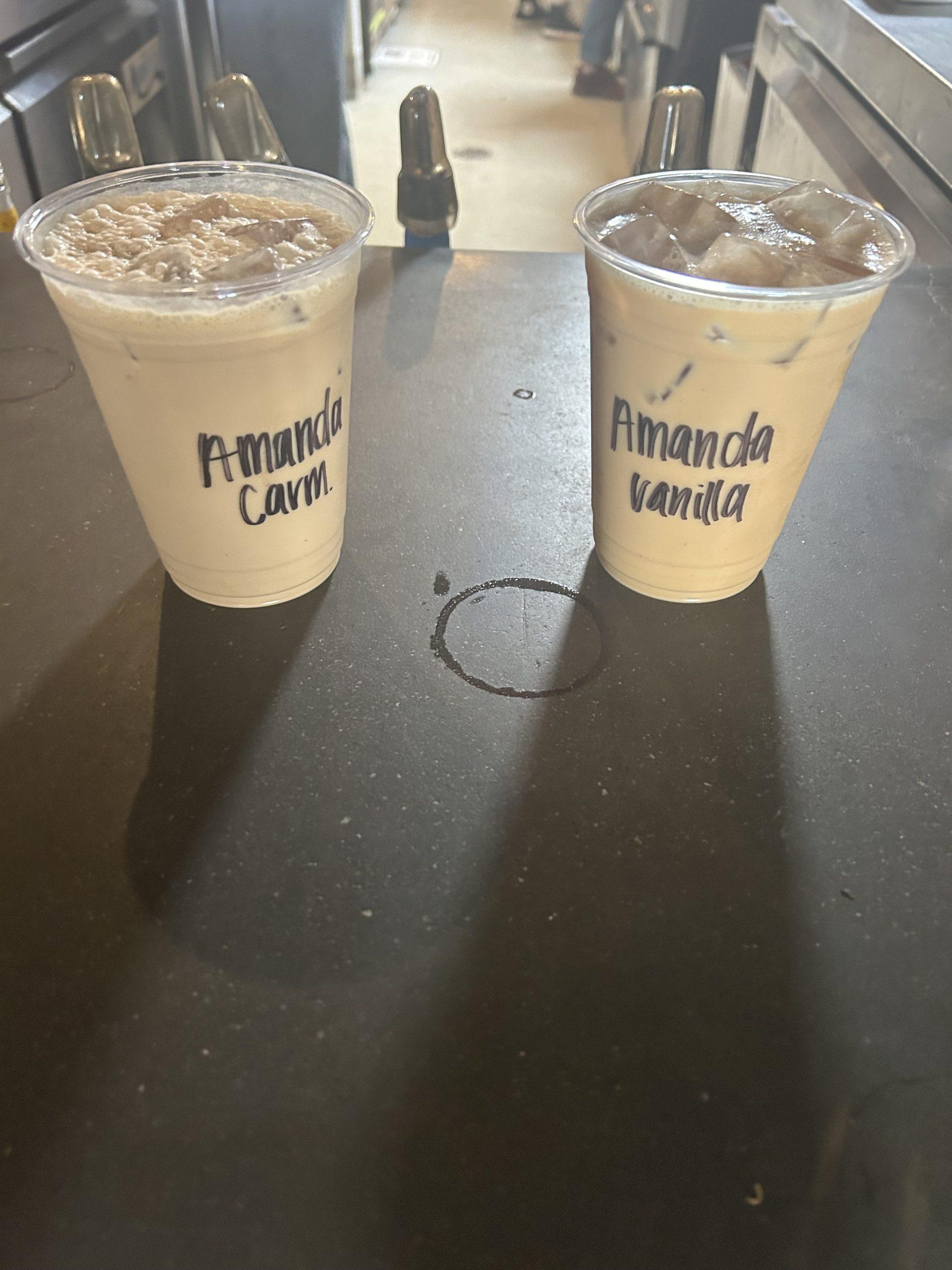 The Amandas&squot; coffees, which say "Amanda caramel" and "Amanda vanilla," sit on a coffee shop counter in Santa Barbara, California, on Sept. 23. This was one of many times baristas got creative with differentiating the same-named orders.