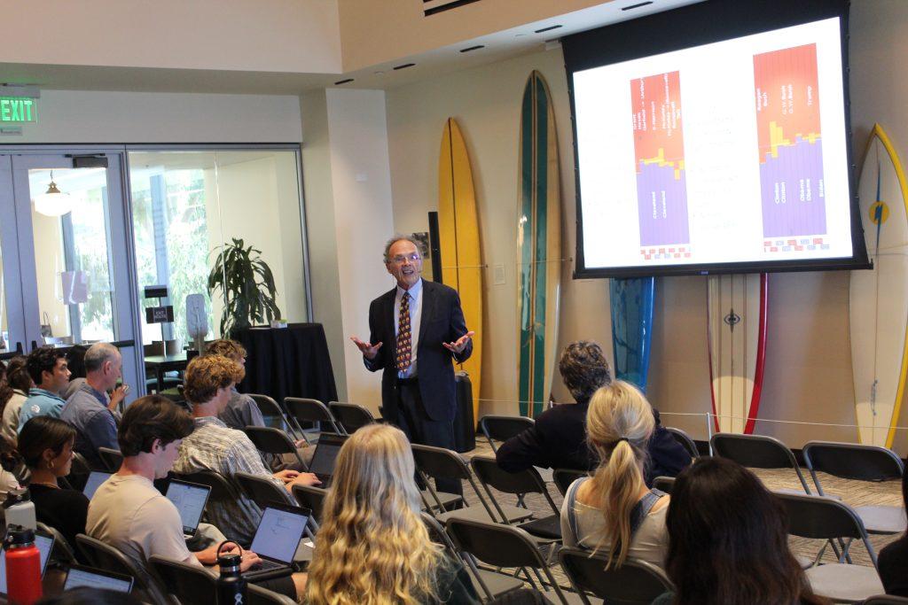 John J. Pitney lectures to students in Payson Library on March 29, about the similarities between the election in 1892 and the 2024 election. Pitney compared the modern day to the Gilded Age.