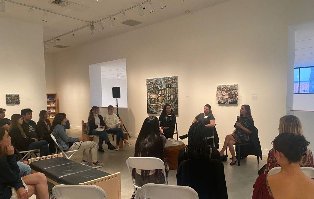(From left to right) Panelists Veronica Alvarez, Sarah Cooper and Angela Robins speak to Art History students March 29, in the Weisman Museum. The Art History Student Society planned the career night event. Photos by Samantha Wareing