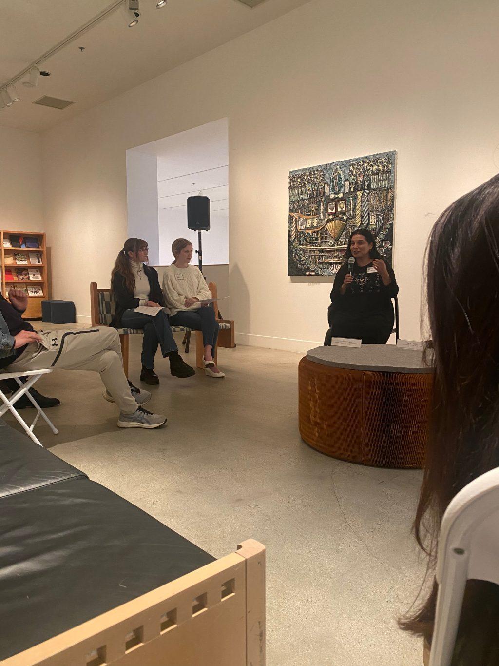 Panelist Veronica Alvarez offers students advice March 29, in the Weisman Museum. Alvarez spoke about her experiences in education and fundraising.