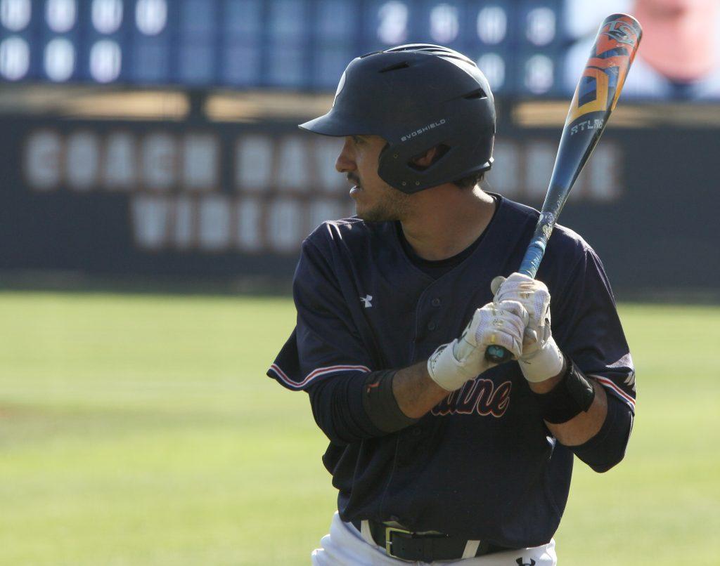 Mason prepares for his at-bat in the on-deck circle against Pacific on March 22, at Eddy D. Field Stadium. The Waves got on base 19 times this game but were unable to cash in stranding 12.