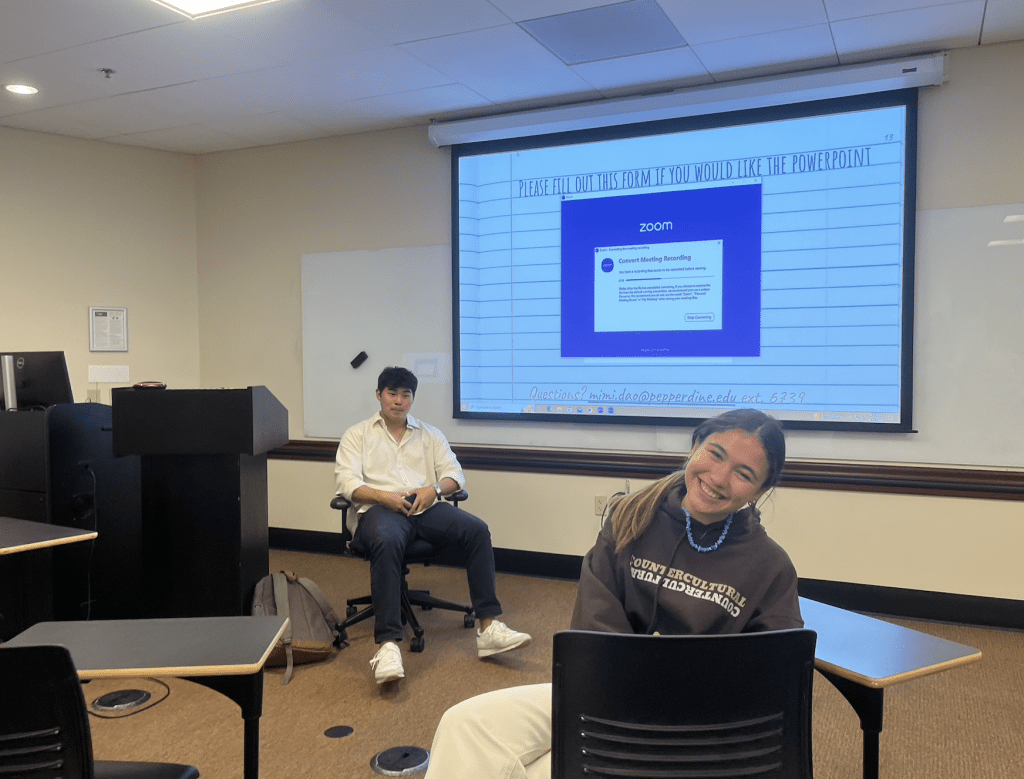 Juniors Justin Choi (left) and Bekah Coles participate in the ASL class in the Appleby Center on March 13. The two helped to put on the event, Choi said. Photo by Kylie Kowalski