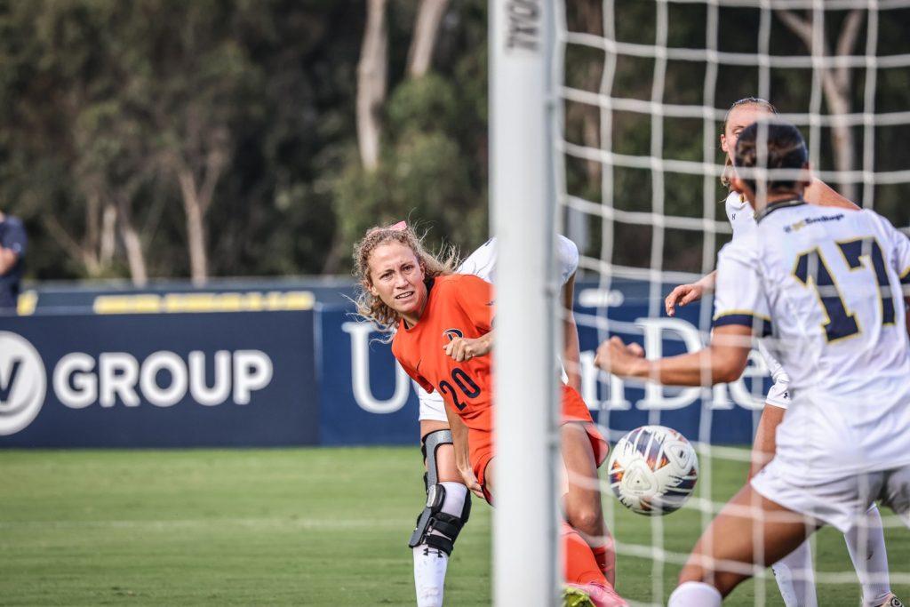 Graduate midfielder/forward Tori Waldeck tries to sneak a shot through the right side of the goal post. Waldeck recorded four shots against UCSD, bringing her season total to 11 while scoring two.