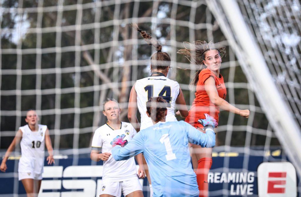 Junior midfielder/forward Tatum Wynalda goes for a header goal against UC San Diego on Aug. 22. Wynalda has played in all four games for the Waves so far this season starting three. Photos courtesy of Pepperdine Athletics