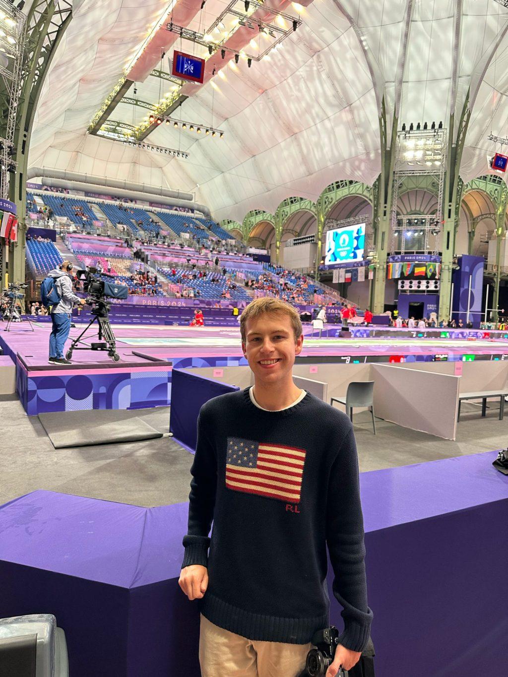 Austin Yerke captured in attendance for Olympic fencing July 27. The U.S. Women's foil team won the first-ever Gold medal in Women's Foil Fencing for the U.S., as well as the first non-European team to win Gold. Photo courtesy of Austin Yerke