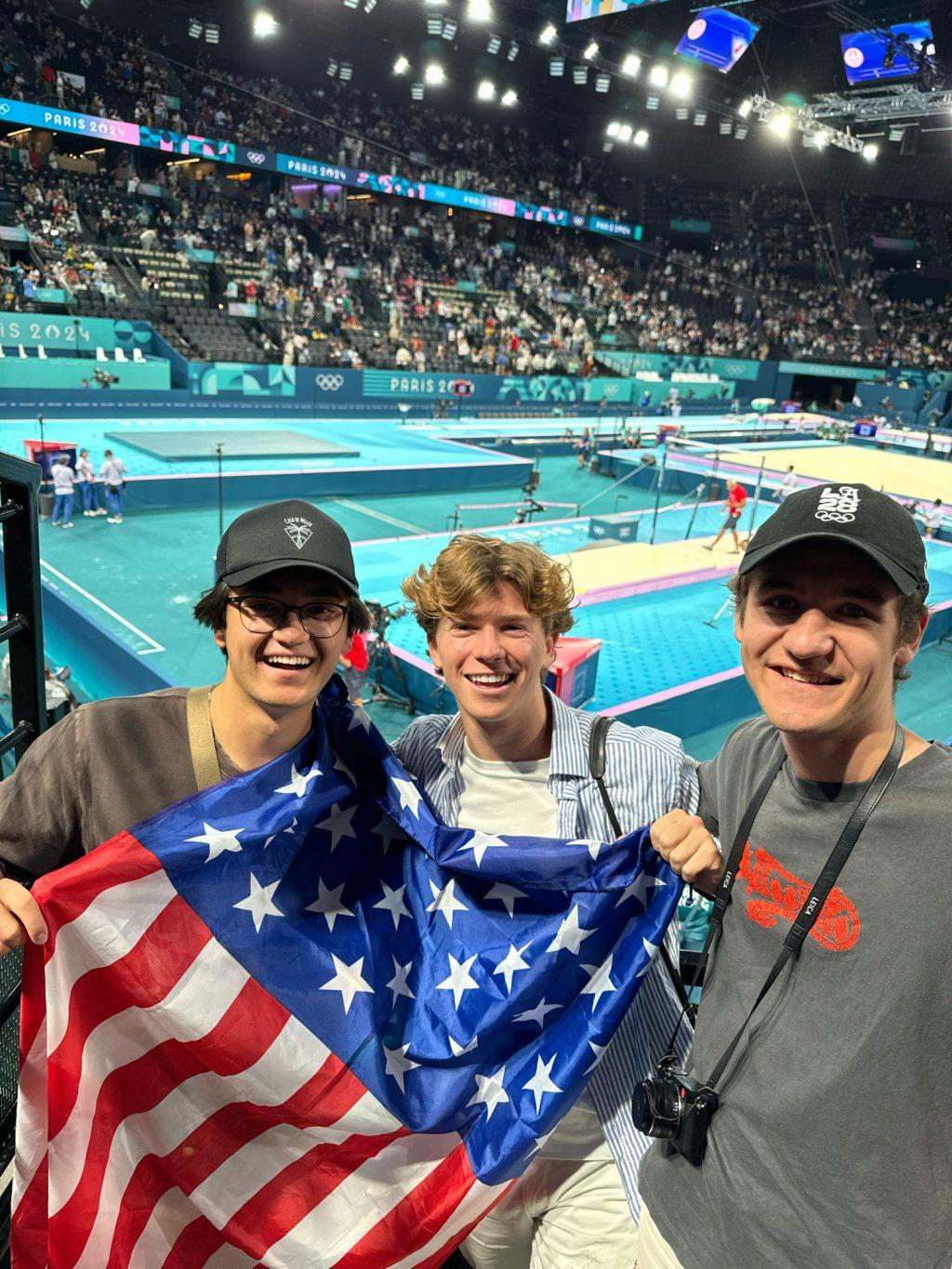 (From Left to Right) Alex Palaglou, Noah Wahamaki and Owen Mirka, Graphic sales representative, take a selfie at the Gymnastics event for the Olympics Games on July 29. The United States claimed nine total medals in Gymnastics: three gold, one silver and five bronze. Photo courtesy of Owen Mirka