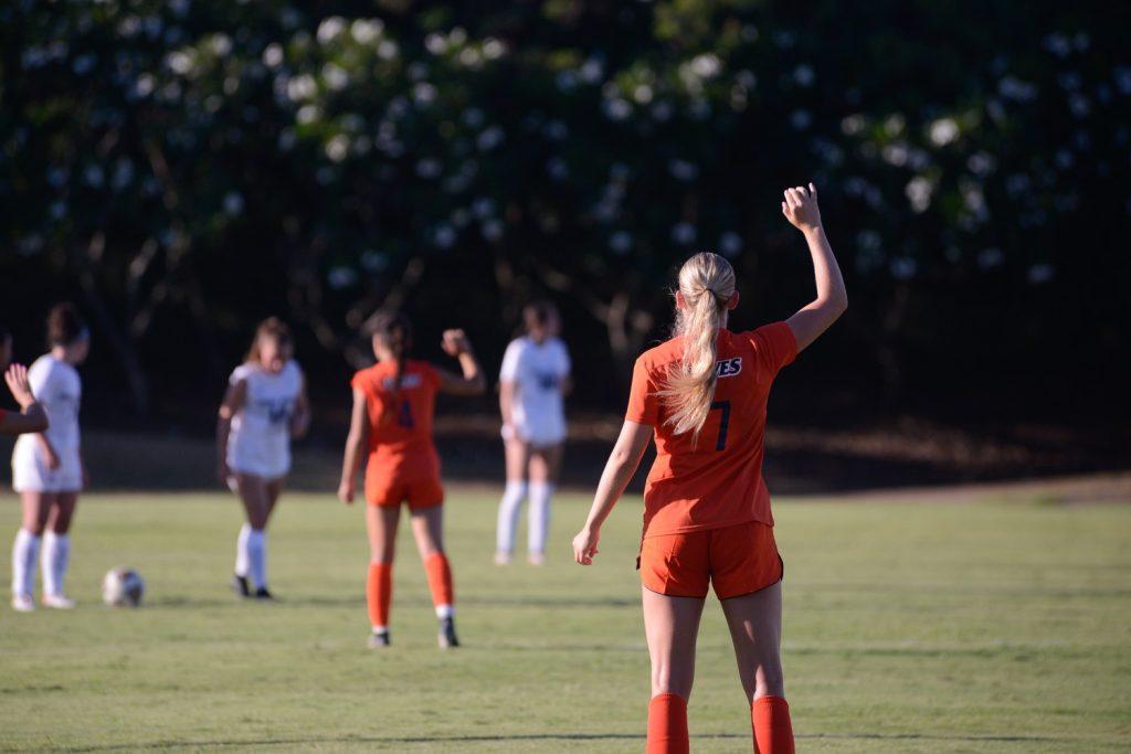 Graduate student defender/forward Victoria Romero and freshman midfielder Elle Quinn awaits the sideline kick from the Aggies at the Waipi'o peninsula soccer complex on Aug 15. This is Romero's fifth season with Pepperdine accumulating 66 games played for the Waves. Photos courtesy of Tanner Haworth