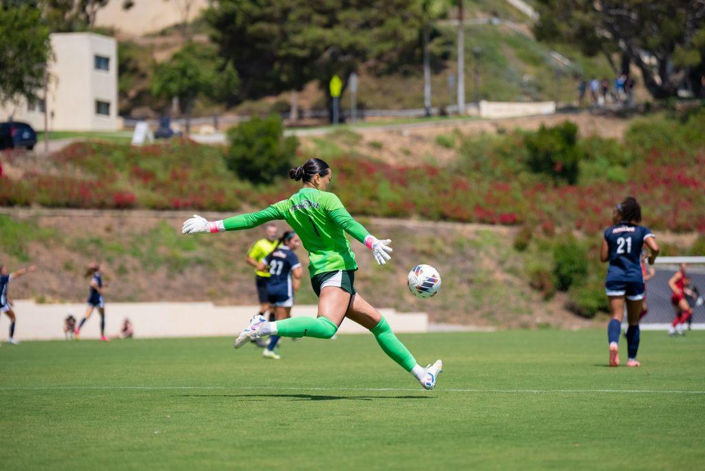 Redshirt junior goalie Taylor Rath clears the ball against USC on Aug. 23, at Tari Frahm Rokus Field. Rath recorded five saves bringing her season totals up to eight.