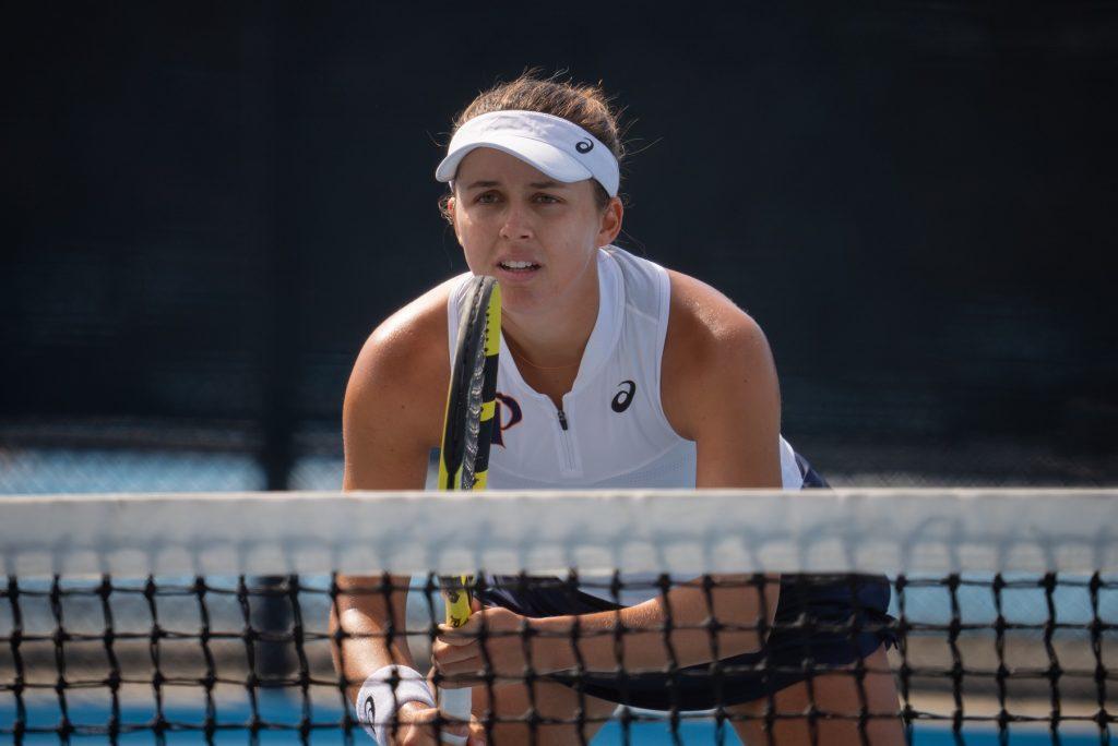 Nikki Redelijk, Pepperdine women's tennis alumna (‘24), stared down the competition during a match of the 2024 spring season. Redelijk's record for her senior season was 18-8, and she finished the year on a team-best nine-match winning streak. Photo courtesy of Nikki Redelijk