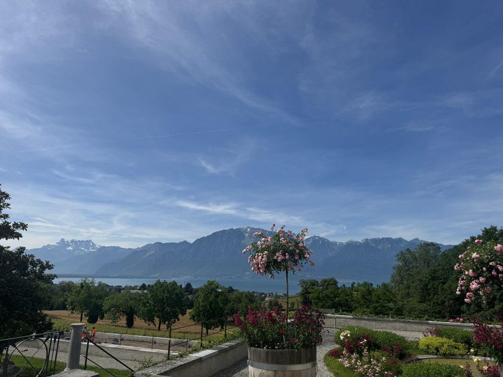 The private event for Audemars Piquet and Porsche takes place June 7, at the Château d’Hauteville in Switzerland. Guests browsed luxury cars while taking in the views of the Mont Blanc range. Photo by Rachel Flynn