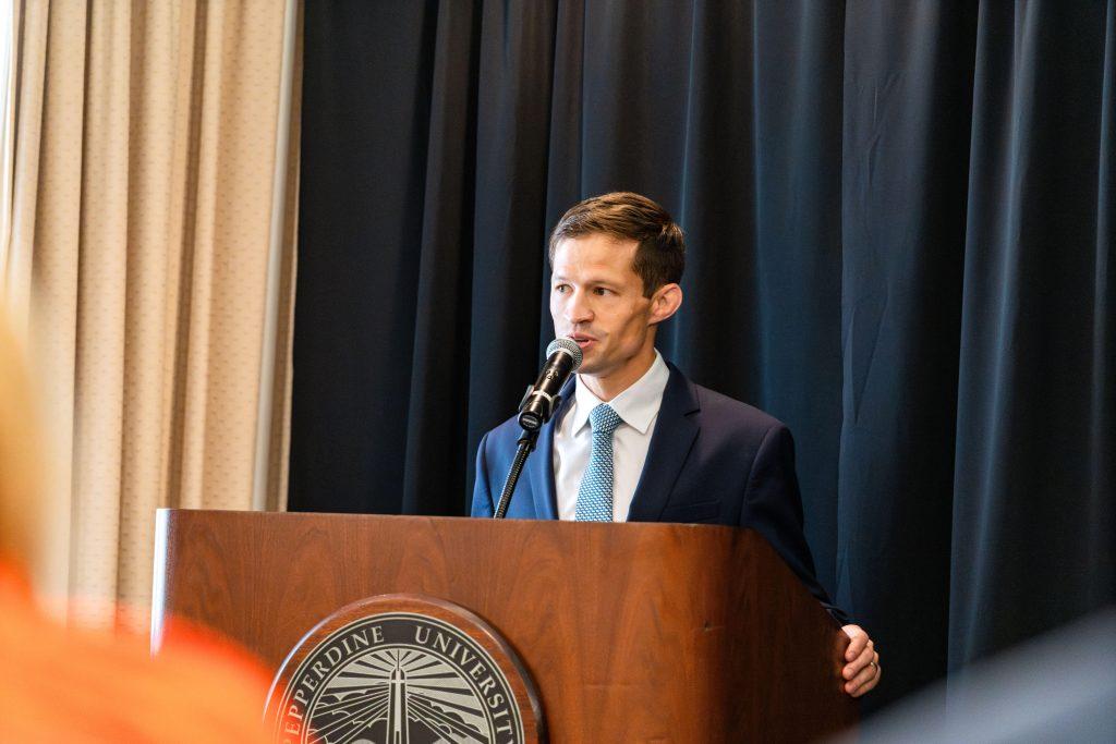 Athletic Director Tanner Gardner speaks at an April 3 press conference announcing Ed Schilling as the new men's basketball head coach. Gardner was officially announced as the next AD on March 25. Photos courtesy of Pepperdine Athletics