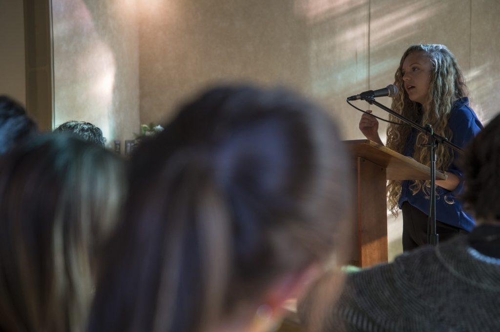 Falon Barton, University Church of Christ Campus Minister, speaks at the Pepperdine Advent Service in December. Barton and Religion and Philosophy Professor Rachel Collins look into the "why" behind student&squot;s disinterest in religion. Photo courtesy of Falon Barton