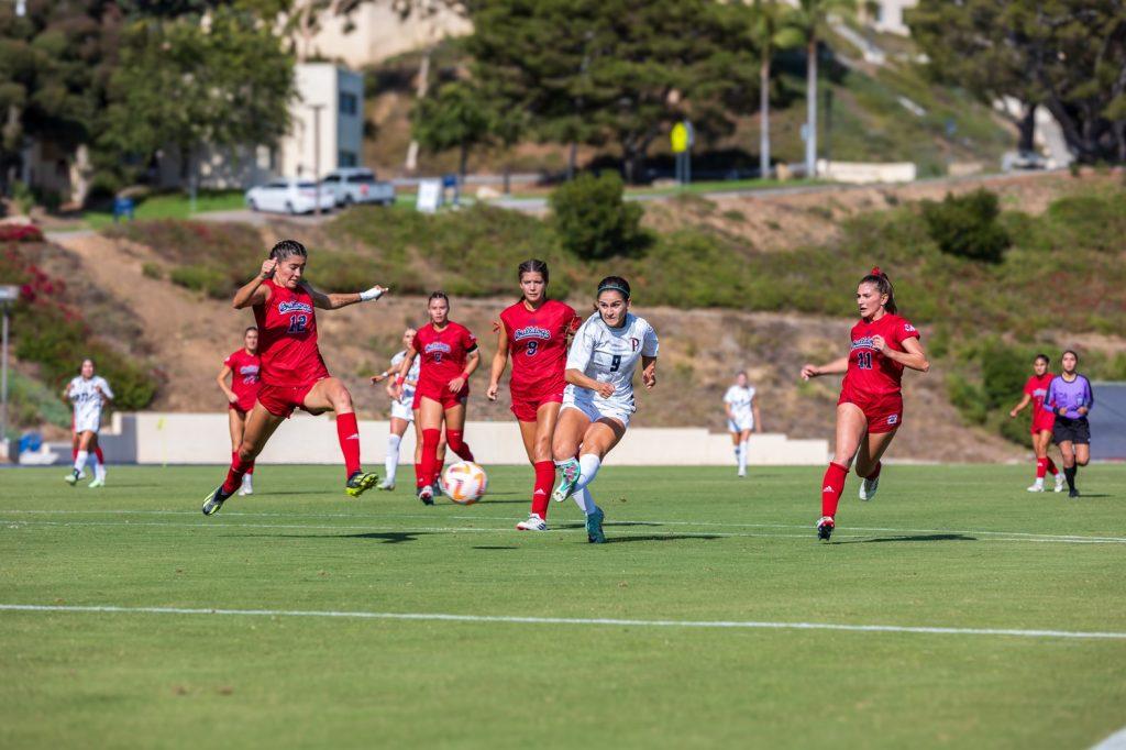 Junior midfielder/forward Tabitha LaParl pushes for the ball against Fresno State on Sept. 20, at Tari Frahm Rokus Field. Pepperdine's relentless offense led to the breakdown of Fresno's well-oiled defense.