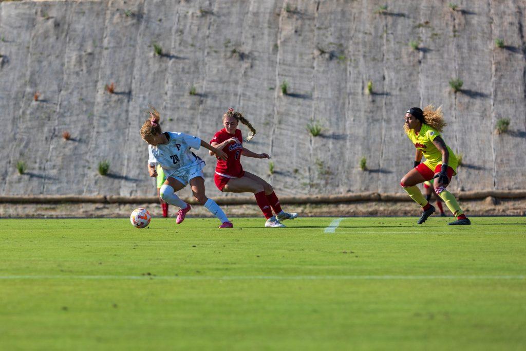 Graduate student midfielder/forward Tori Waldeck weaves in and out of her opponent against Fresno State on Sept. 20, at Tari Frahm Rokus Field. Waldeck provided a stable offense in guarding the ball for many successful offensive plays.