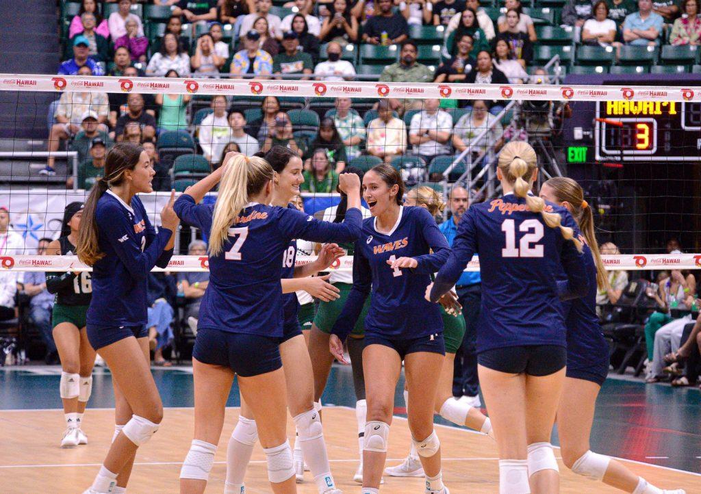 Women's Volleyball celebrates a point by senior outside hitter Grace Chillingworth in their first match against Hawaii on Sept. 6 at SimpliFi Arena at Stan Sheriff. Chillingworth had 20 kills and led the team to a win against the Rainbows.