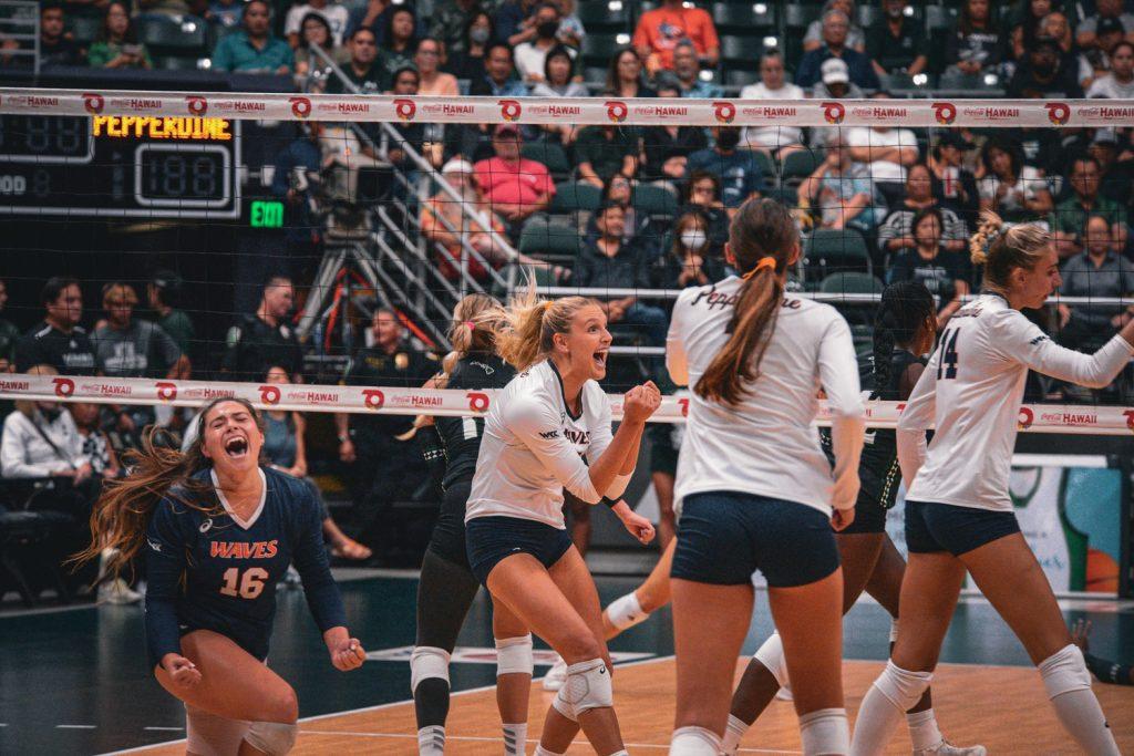 Women's Volleyball celebrates securing a point against Hawaii at SimpliFi Arena at Stan Sheriff on Sept. 7. The Waves lost 2-3 in the second match of the series.