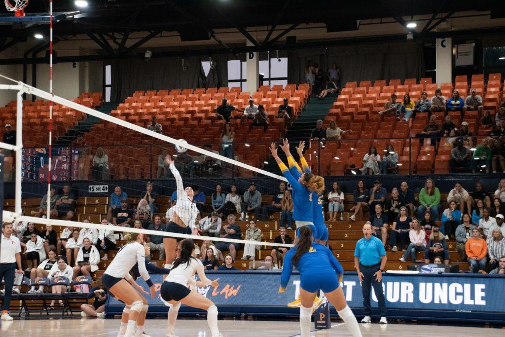 Senior outside hitter Grace Chillingworth goes in for the kill against No.1 Pitt on Sept. 13, at Firestone Fieldhouse. Chillingworth ended with six kills and two blocks in the match. Photos by Perse Klopp