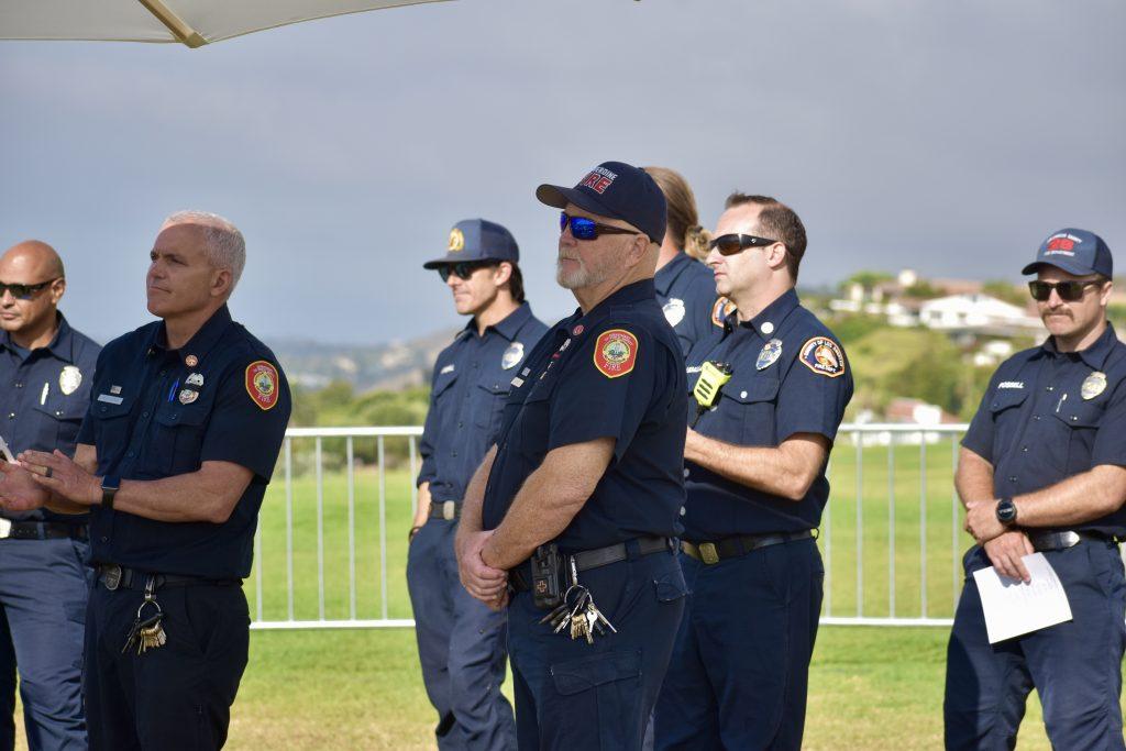 Pepperdine Fire Captain Mark Lauren stands with other members of Pepperdine Fire during the Sept. 11 Waves of Flags at Alumni Park. Lauren said the events of 9/11 are what led him to the Pepperdine Fire Department.