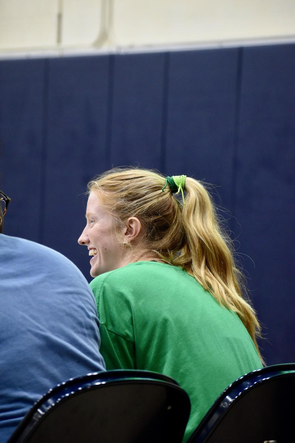 Graduate student opposite hitter Riley Simpson sports her green mental health shirt for the annual mental health game against UC Santa Barbara at Firestone Fieldhouse on Sept. 15. The mental health game is a time to recognize the mental difficulties that Division I athletes face on a daily basis.